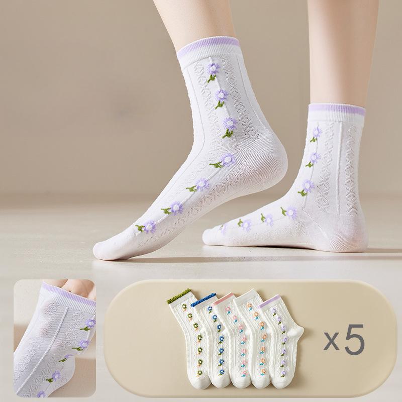 10 Pairs Women's Comfortable Mid Calf Socks Breathable Chic Knit Stripe Printed Female Sock