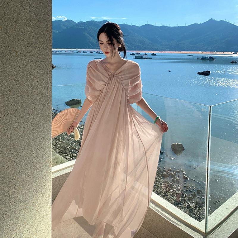 French High-end Chiffon Dress for Women's Beach Vacation Collar, Thin Temperament Long Dress for Women's Autumn