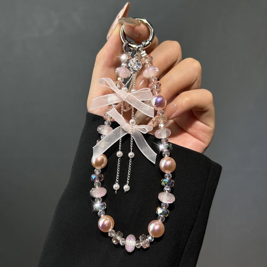 Fashion Bow Pearl Fringed Mobile Phone Lanyard, Light Luxury Crystal Beaded Short Wrist Phone Chain Hand Chain Pendant