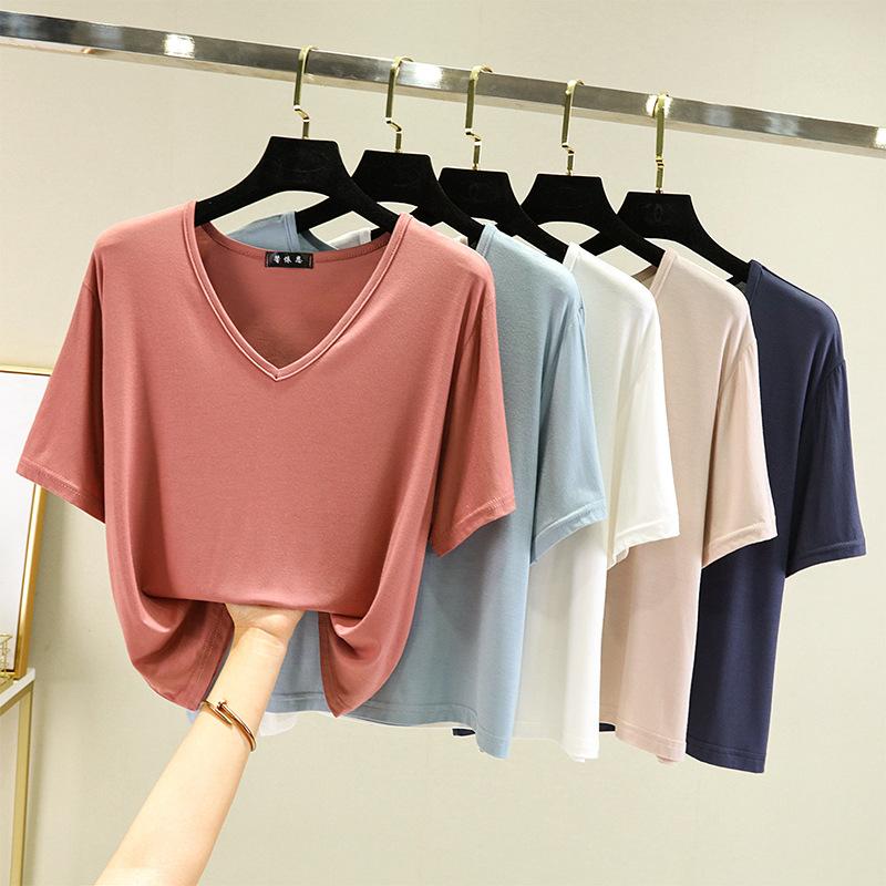 Damen T-Shirt Modal V-Ausschnitt Kurze Ärmel Tops Sommer Lässige T-Shirts Einfarbige Lockere Basic Unterhemden