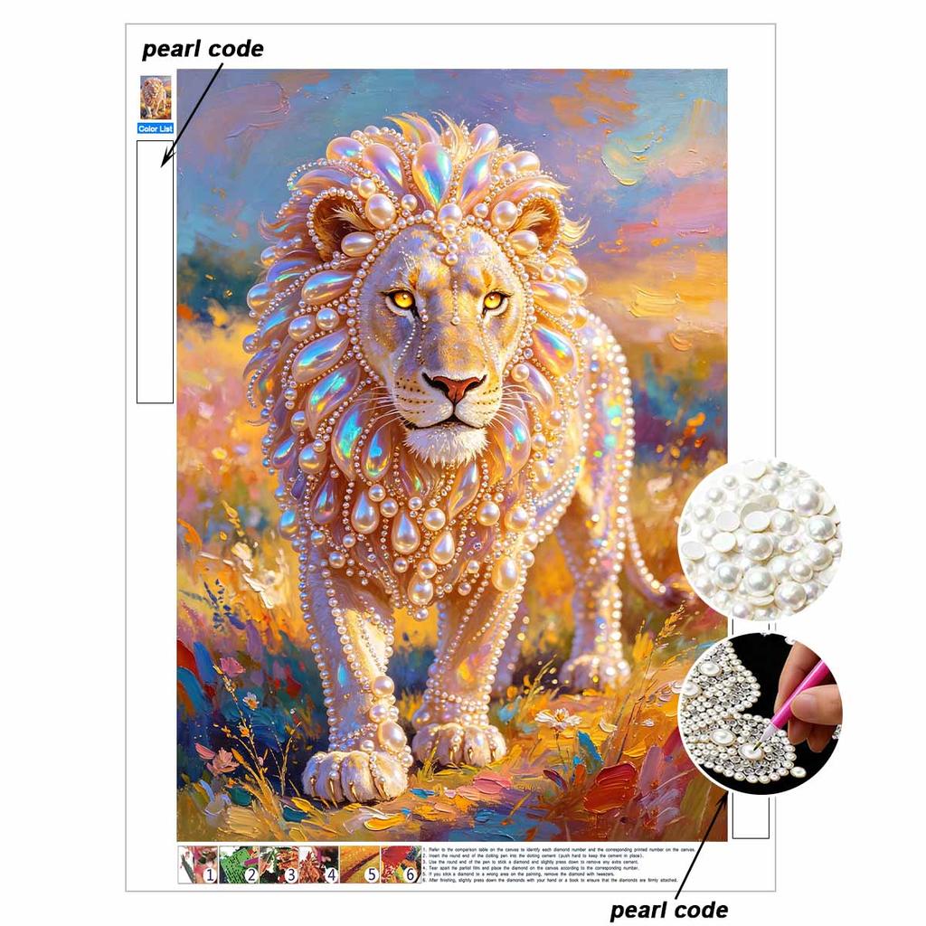 Pearl painting kit, 5D pearl shaped diamond majestic lion painting kit suitable for home living room, bedroom, study room and wall art gifts