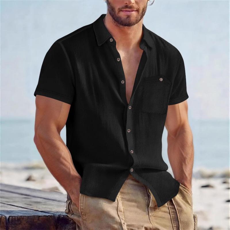 Men Short Sleeve Linen Blend Shirt With Chest Pocket Casual Summer Top