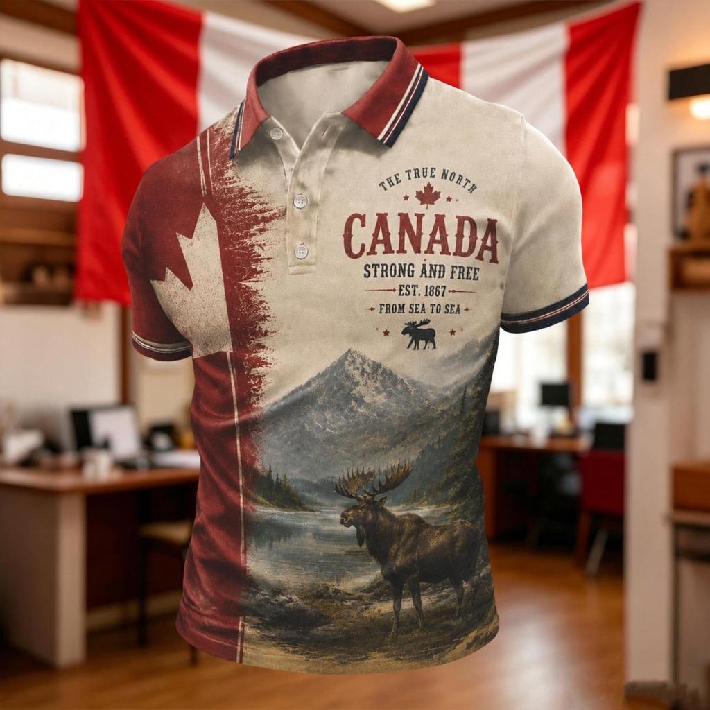 Men's Soccer Fan Polo Shirt Canada Themed Short Sleeve Breathable Mesh Fabric Lightweight Comfortable Fit Collar Buttoned Front