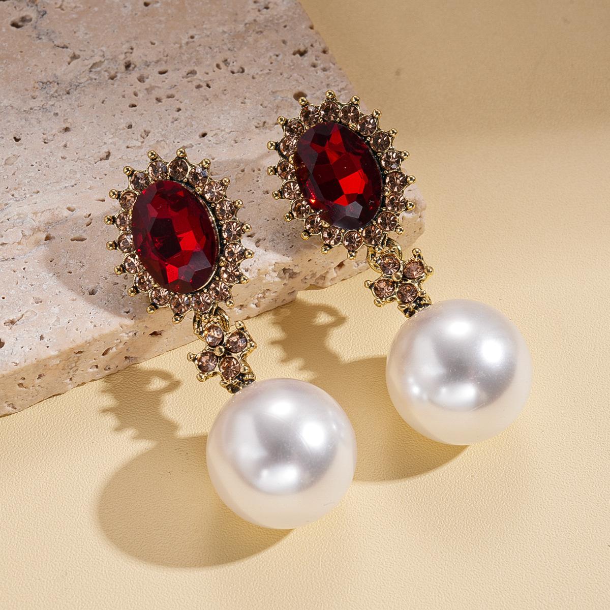 Wind inlaid imitation diamond pearl oval silver needle earrings court style exquisite earrings