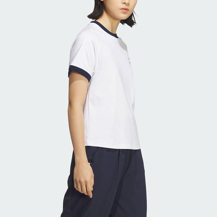 Adidas Verbiage Striped Patchwork Print Logo Crew Neck T-Shirt Women Tops White JC8708