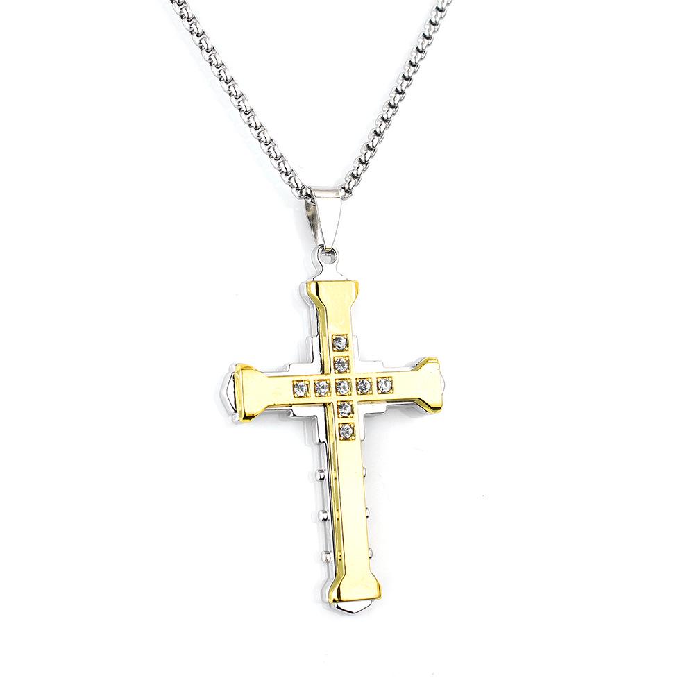 Titanium Stainless Steel Cross Necklace with Rhinestones - Men's Bold Fashion Accessory