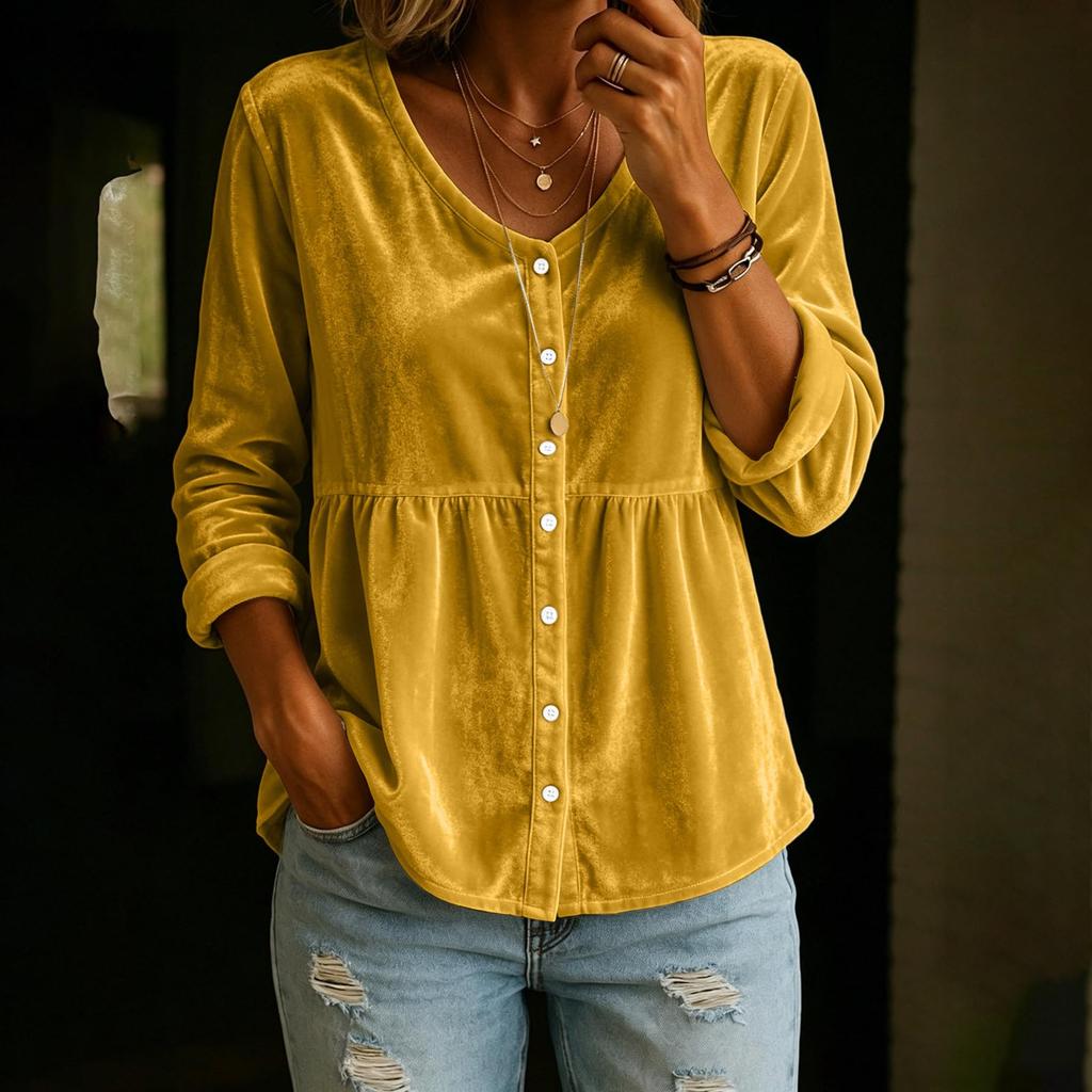 Women's Casual Velvet V-Neck Long Sleeve Top for Everyday Wear
