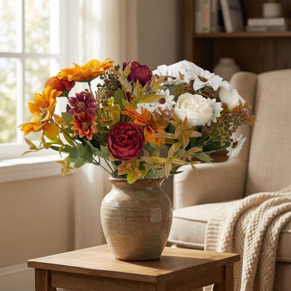 Rustic Fall Autumn Sunflower Peony Bouquet UV Resistant Silk Fake Peony Flowers Living Room Decor