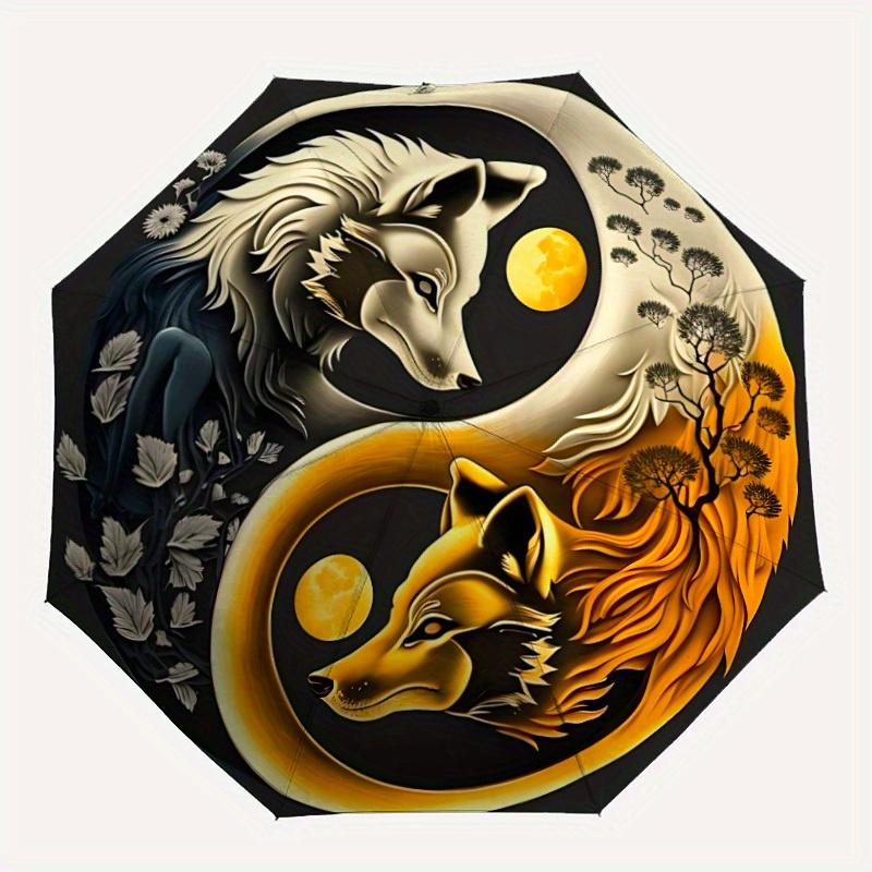 

1pc Wolf Moon Compact Travel Umbrella, Automatic Folding Lightweight Windproof 8-Bone Reinforced Design, Portable for Backpack Durable Canop