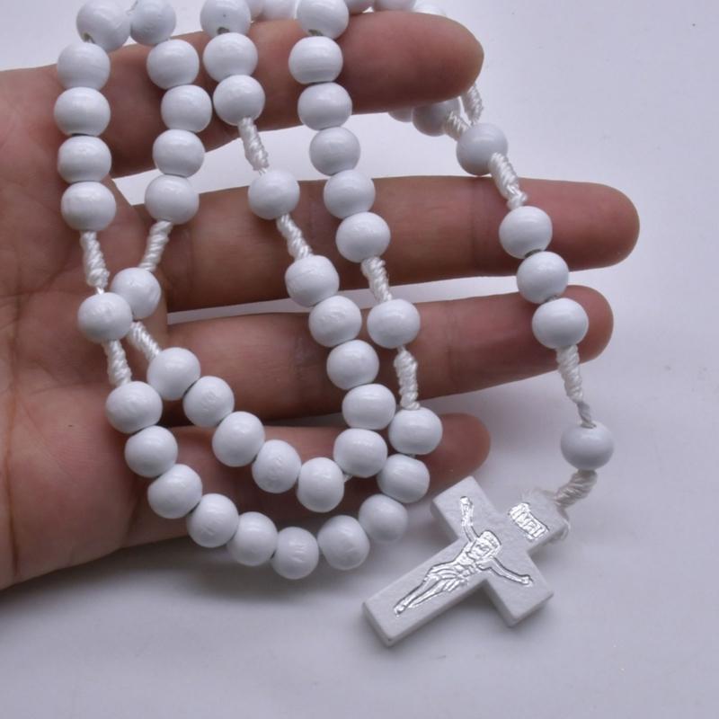 Wood Beads Rosary With White Beads and Crosses Pendants for Prayer Meditations Elegant Wood Grains Rosary Beads