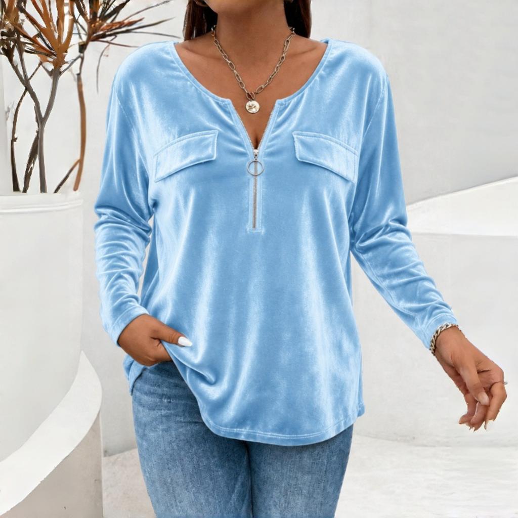 Women's Vintage V-Neck Zipper Front Long Sleeve Pullover Color