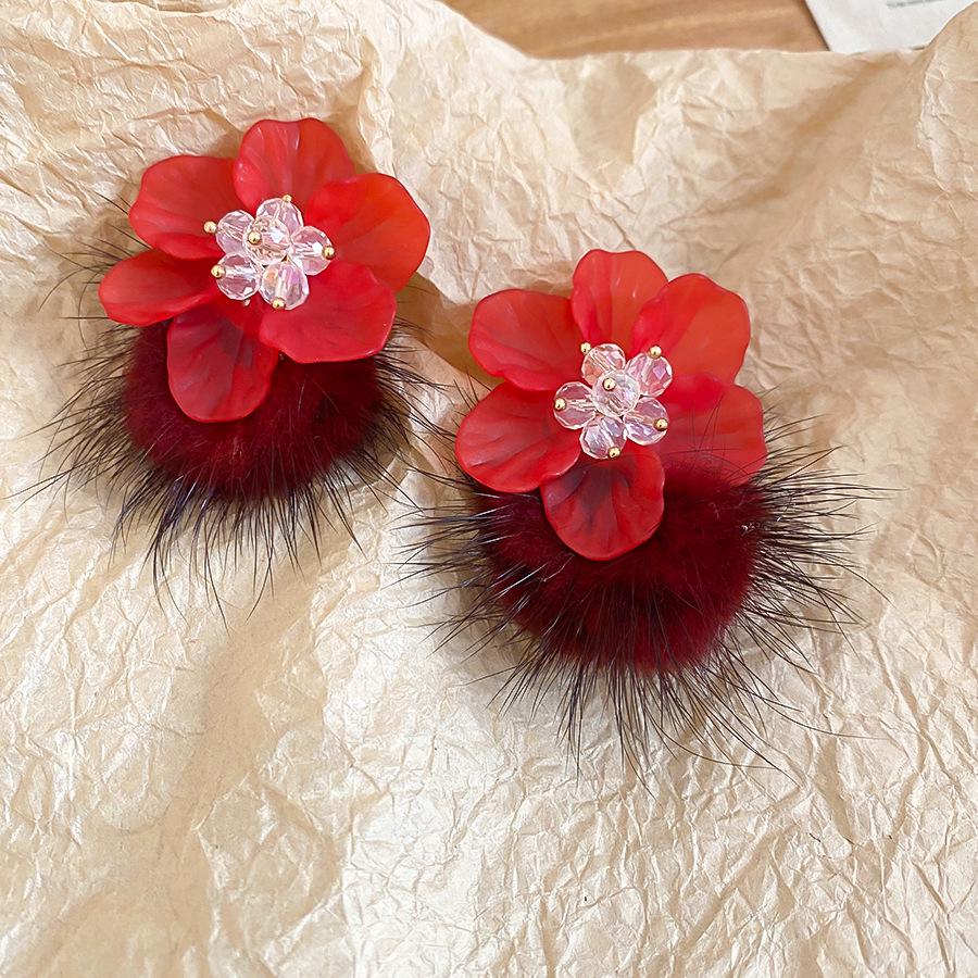 Silver Needle Pompon Acrylic Glass Flower Stud Earrings - Retro, Exaggerated, Unique High-End Sense Earrings