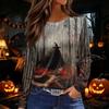 Women's Halloween Print Long Sleeve Top with Side Slit Hem, Round Neck