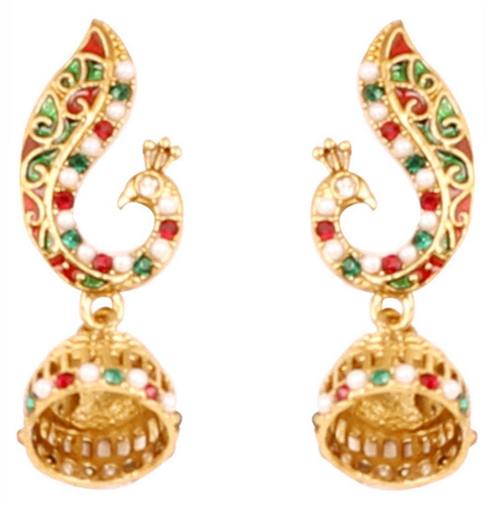 Touchstone Indian Bollywood Peacock Jewelry Earrings Antique Gold Tone for Women Enamel/Red/Green/White