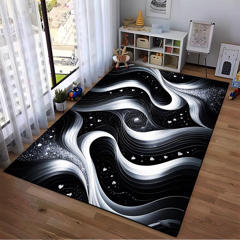 Abstract Black and White Galaxy Wave Carpet with Starry Patterns Suitable for Use As an Anti-slip for Living Room Bedroom Sofas