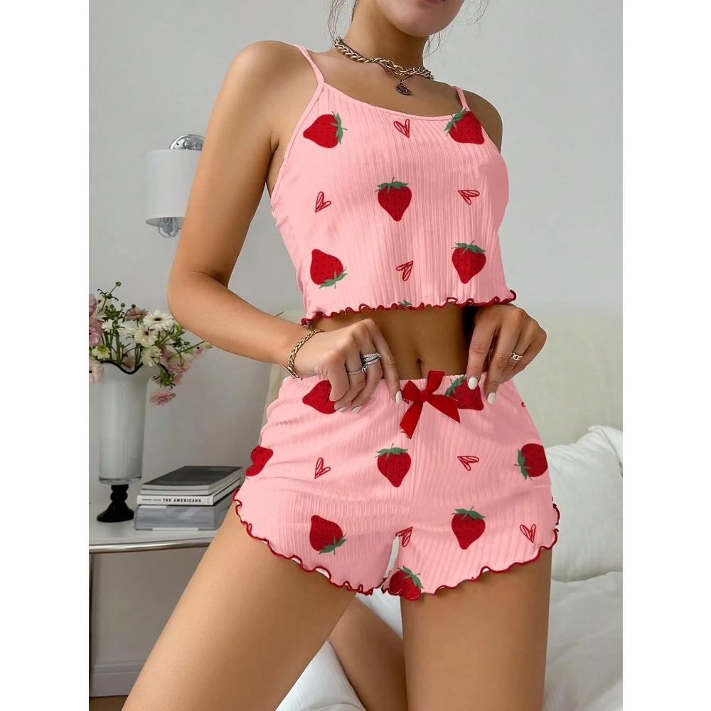 Women's Strawberry Print Ribbed Knit Ice Silk Camisole Pajama Set Comfortable Two-Piece Sleepwear for Summer