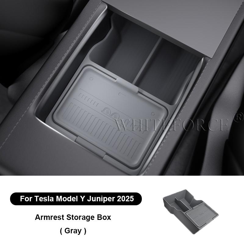 For Tesla Model Y Juniper 2025 Car Center Console Storage Box Armrest Storage Box Hidden Organizer Tray Non-slip Mat Accessories