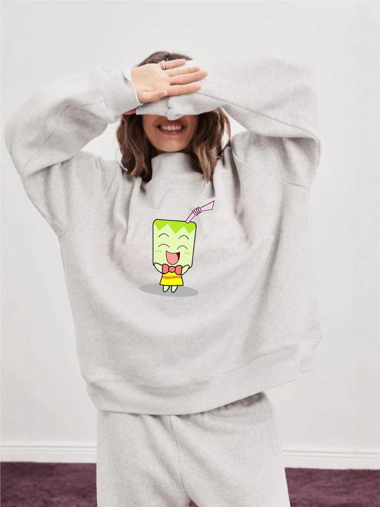 Women's Long Sleeve Versatile Letter Print Sweatshirt, Heavyweight Casual, Mid-High Neck, for Spring and Autumn