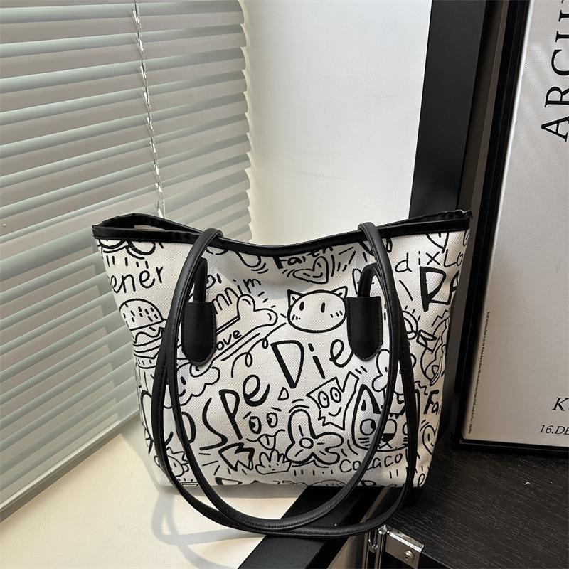 New Casual Shoulder Bag Large Capacity Armpit Bag Canvas Bag Large Capacity Trend Graffiti Portable Tote Bag