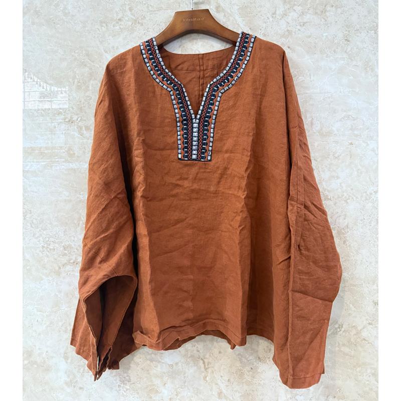 Johnature გაზაფხული ზაფხული ქალების ნაკერი თეთრეულის V-კისერით ვინტაჟური თავისუფალი მაისური სახელოებით მყარი ფერის დისტრეს მაისური