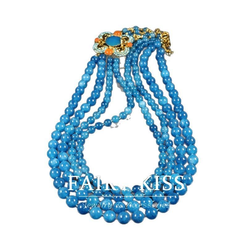 Halskette Armband Set Blaue Steine Perlen Mehrschichtiges Design Diamantbeschichtet Echtsilber Ethnischer Stil Schmuck