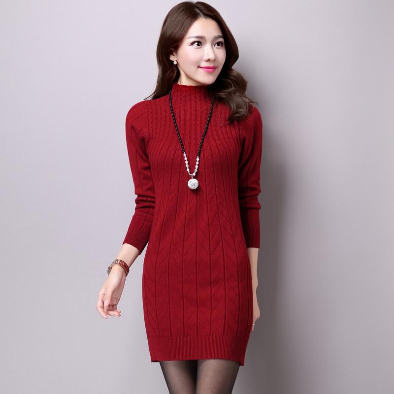 Women's High Neck Warm Long Knitted Sweater Winter Round Neck Long Sleeve Knitted Pullover