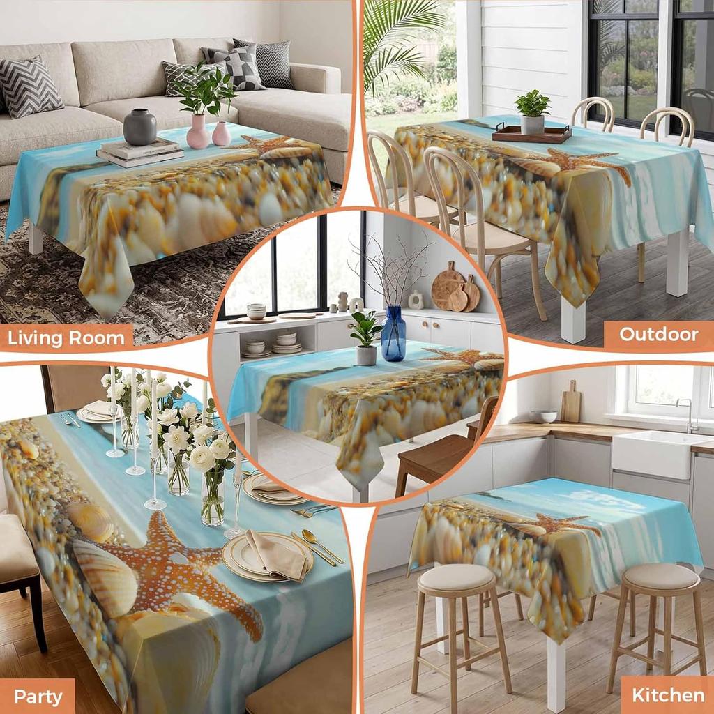 Summer Beach Shell Starfish Rectangle Tablecloth for Table Decor Blue Ocean Theme Kitchen Dining Table Cloth Holiday Party Decor
