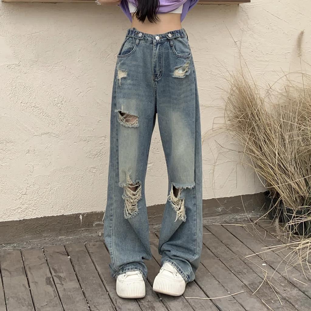 American Retro Ripped Jeans for Women High Waist Straight Loose Slimming Design High Street Vibe Wide Leg Floor-Length Pants