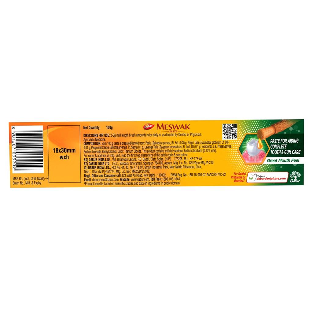 Dabur Meswak Complete Oral Care Zahnpasta 100g | Pflanzlicher Miswak-Extrakt | Kariesschutz, Zahnfleischpflege, Plaqueentfernung & Frischer Atem | Fluoridfrei