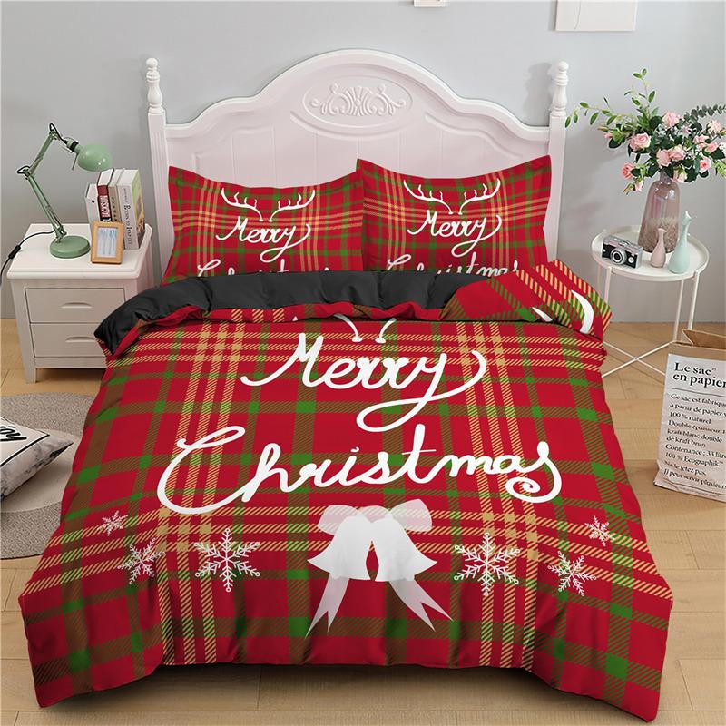 Merry Christmas Duvet Cover King For Boys Girls Microfiber Santa Claus Cute Deer Cartoon Animals Red Plaid 3D Print Bedding Set
