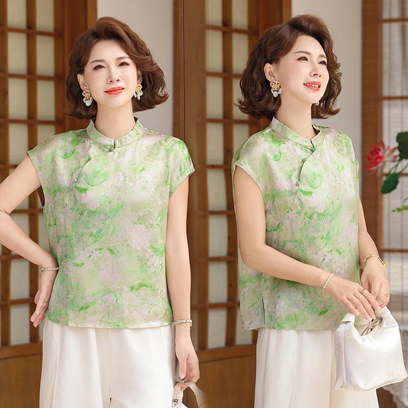 

New Summer Short-Sleeved Ancient Style Slimming Top for Middle-Aged & Elderly Women 5XL (for 78-83 kg)