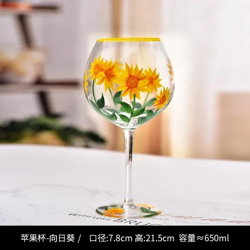 Hand Drawn Flower Patterned Crystal Glass Cup Festival Party Art High Feet Red Wine Cup Family Wine Glass Set Of Three Pieces