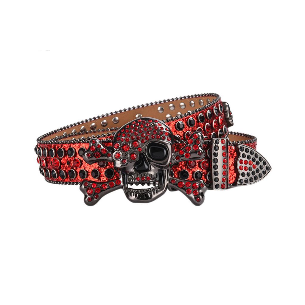Adult Sequins Belt for Disco Party Waist Belt Rhinestones Skull Buckle Thin Waist Belt Street Cultures Enthusiasts Belt