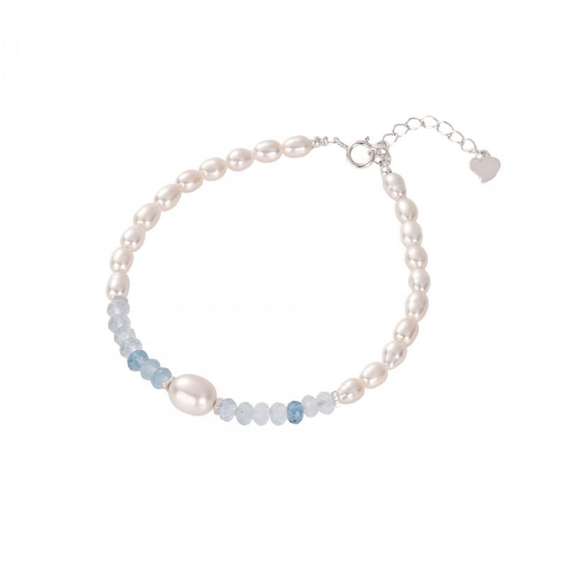 Handmade Sterling Sea Blue Topaz Bracelet With Freshwater Pearl Stackable Design Women Ins Style