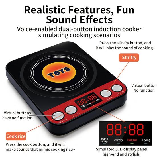Spielhaus Spielzeug Induktionskochfeld Küchen-Spielset mit Realistischen Kochgeräuschen Kochgeschirr Besteck Lebensmittel-Set