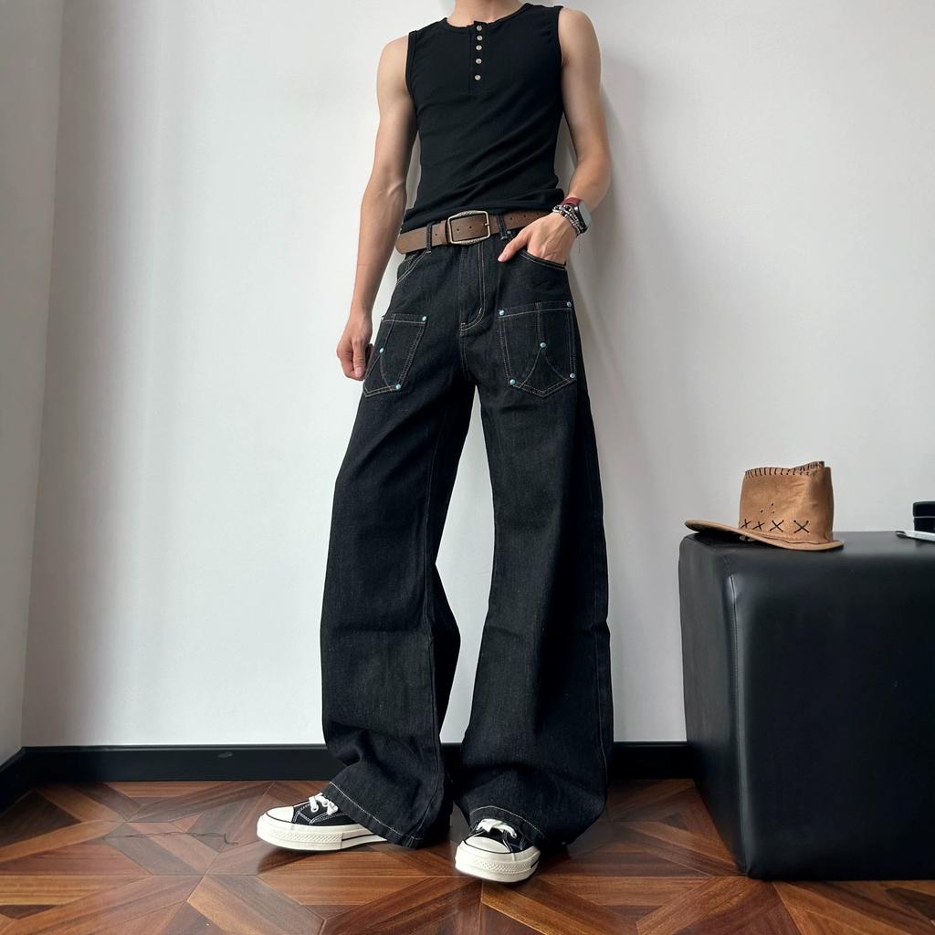 American Retro Bump Nail Primary Color Scimitar Jeans Men's Spring and Autumn High Street Loose Deconstruction Wide Leg Pants