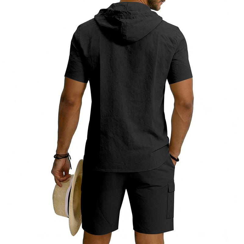 Men's Linen Hooded Shirt & Shorts Cardigan Set with Work Pants - Two-Piece Set in Stock.