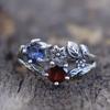 Bague Fleur Feuille Zircon Rouge et Bleu Élégante pour Femmes