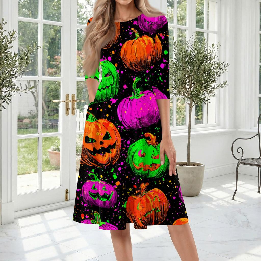 Women's Halloween Print Casual Fashion Round Neck Three Quarter Sleeve Mid Length Dress with Pockets Comfortable Fit