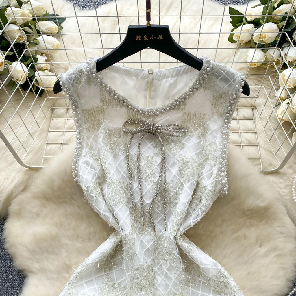 Summer Women Elegant Sleeveless Luxury Beading Plaid Lace Diamond Bowtie Mini Short Fairy Party Pencil Dresses