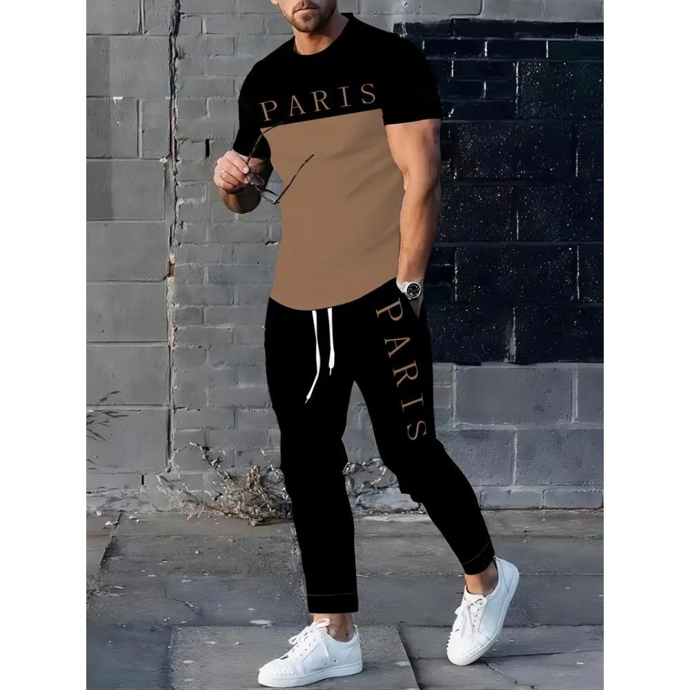 Color Block Letter Men's Set, Three-color Patchwork Short-sleeved Shirt And Long Pants, Simple And Casual