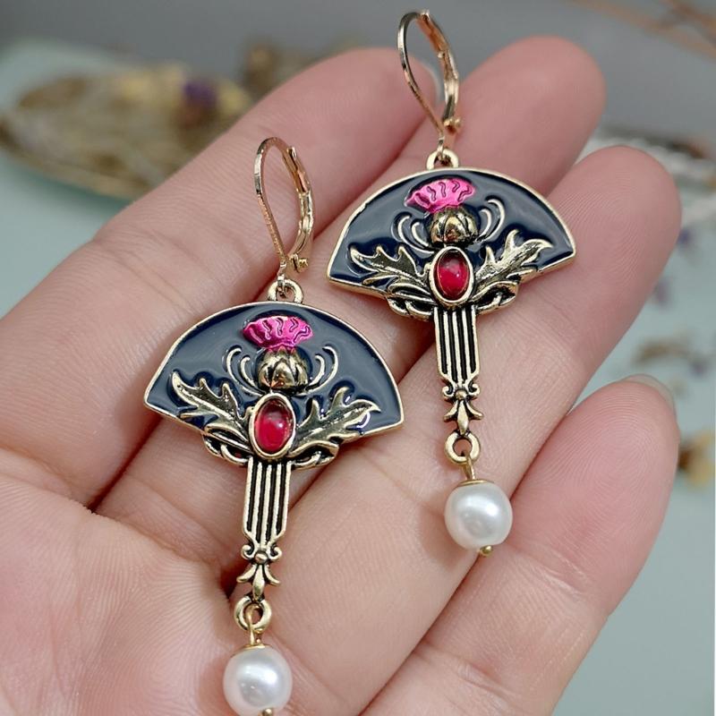 Kolczyki w kształcie wachlarza Granat Kwiaty Wzór Dangle Drop Kolczyk Stylowy Elegancki Perła Wisiorek Kolczyk Biżuteria Prezent