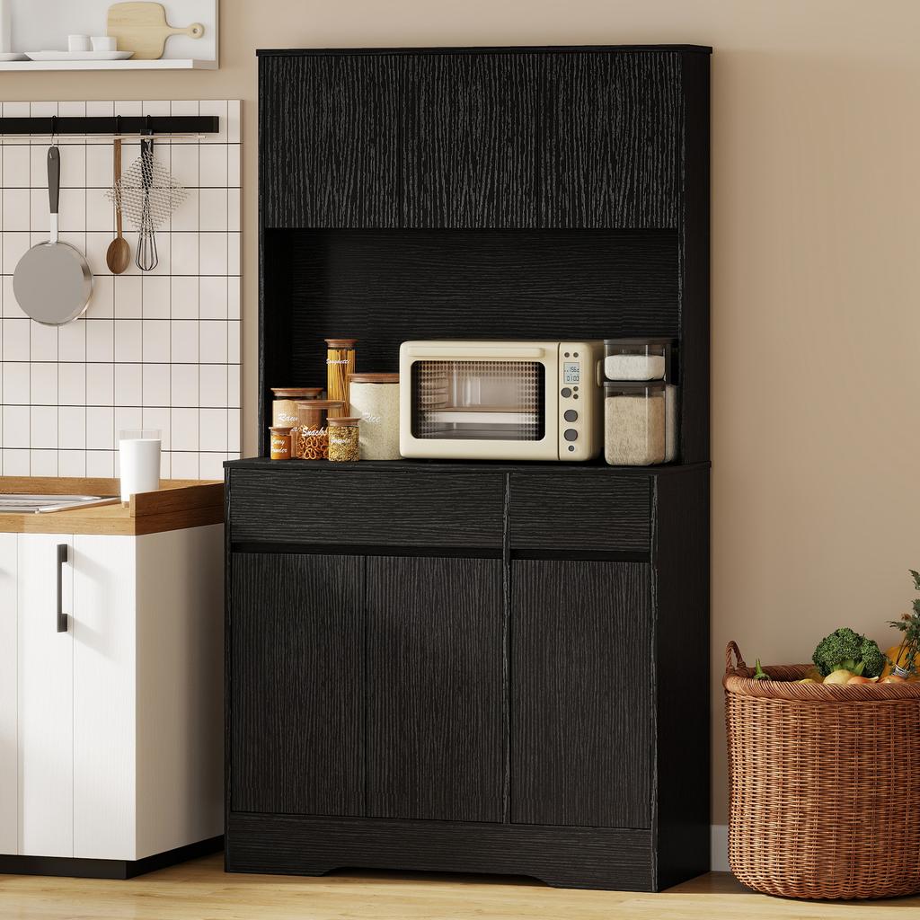 Credenza da cucina a buffet con piano di lavoro, 6 ante, Armadio alto contenitore con ripiani, Nero