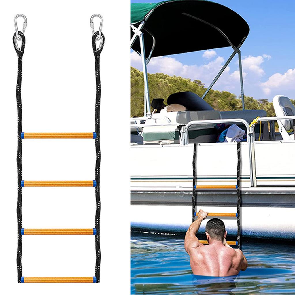 Folding Kayak Boat Rope Ladder, 4-Steps Marine Rope Ladder Extension Assist Boat Ladder Swim Ladder for Inflatable Boat