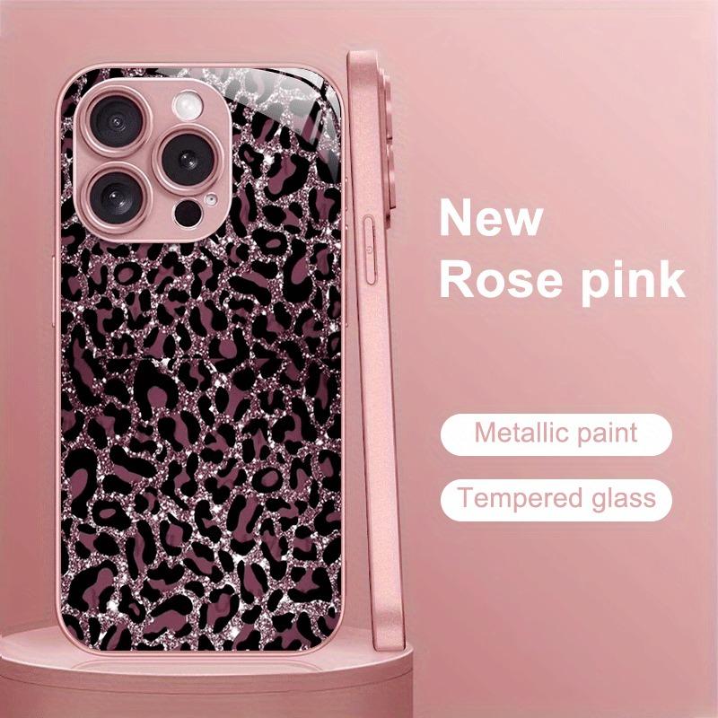 Dark Pink Leopard Print Tempered Glass Metallic Paint Phone Case For iPhone 17 Pro Max 11 12 13 14 15 16 Plus 16E 17 Air Cover
