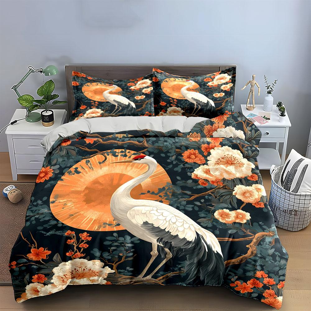 Crane with Floral Sunset Bedding Duvet Cover Set  (1*Duvet Cover 2*Pillowcases, without duvet insert)