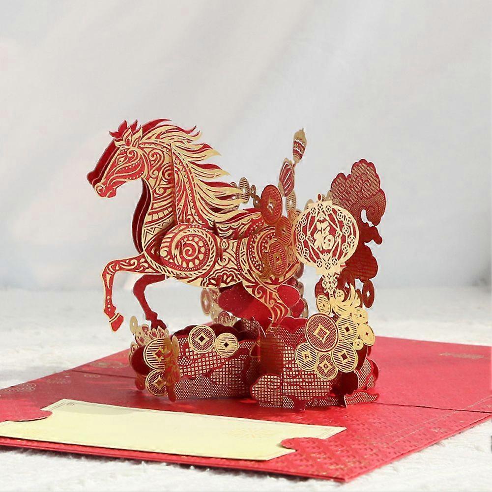 3D Pop-Up Chinesisches Neujahr Pferd Grußkarte, Luxuriöse Rote Goldfolienprägung Frühlingsfest Karte mit Umschlag Geschenk Dekoration