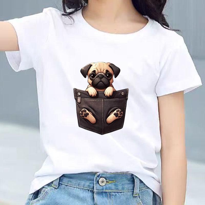 Kids Cotton T Shirt Cute Pocket Pug Puppy Dog Graphic Crew Neck Short Sleeve Tee Casual Breathable Boys Girls Summer Tops
