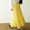 DIMANAF 2026 Summer Women New Skirts Solid Elastic Waist Pleated Mesh Elegant Skirts Yellow