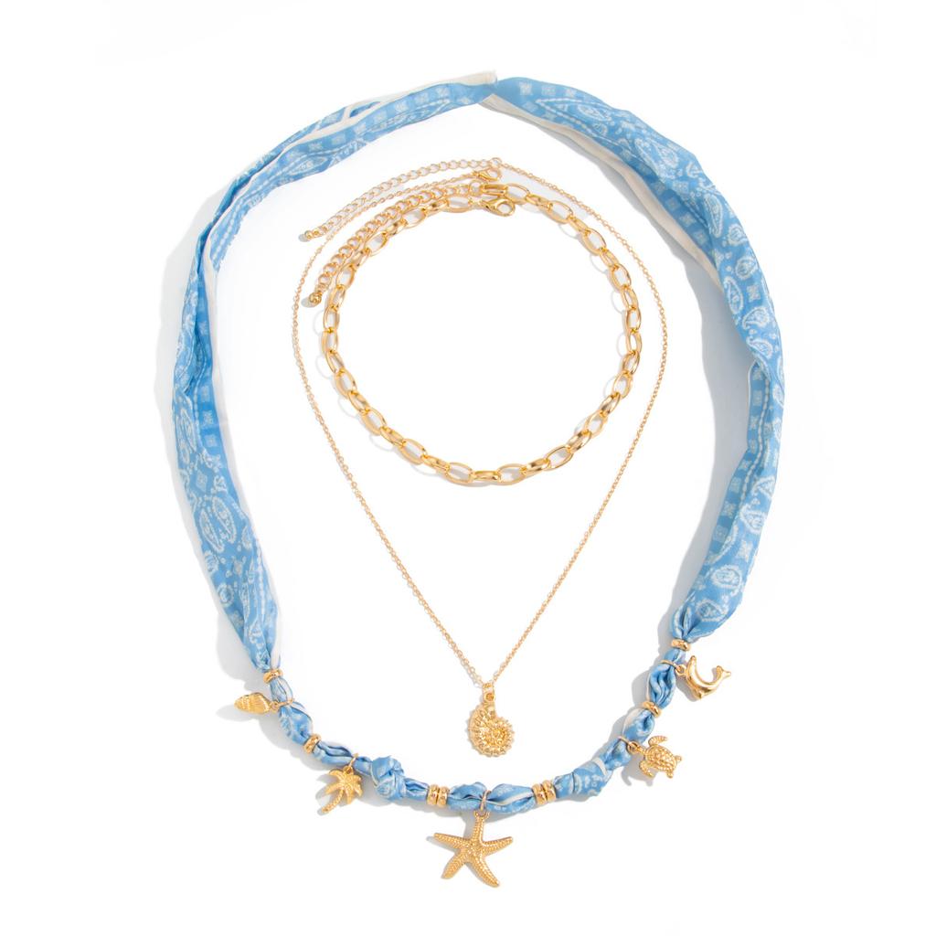 Ocean Vacation Style Starfish Conch Pendant Necklace, Creative Silk Scarf Stacked Collarbone Chain Necklace Women